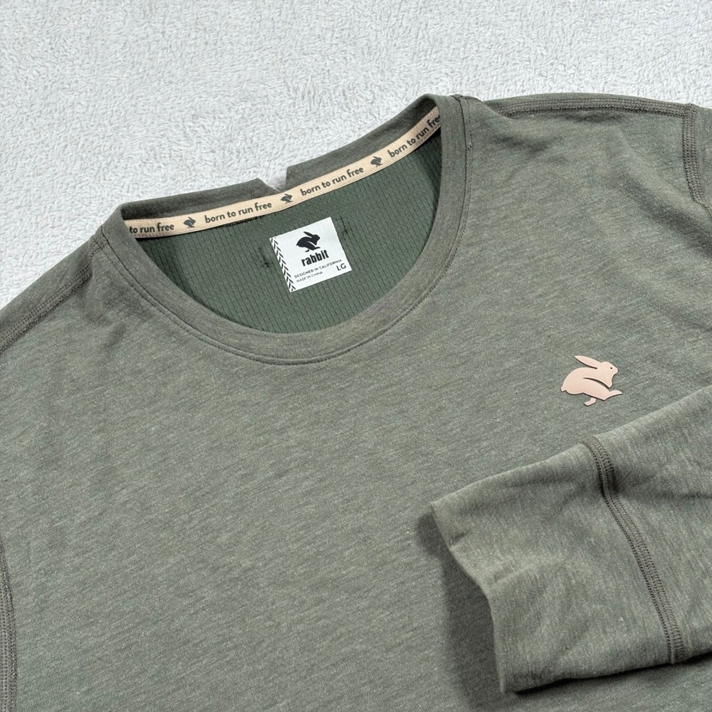 Rabbit Running Mens Long Sleeve Shirt Olive Green Wool Blend Thumbholes LG RM328